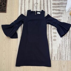 Eliza J Navy Shoulder Dress with Embroidered Sleeves
